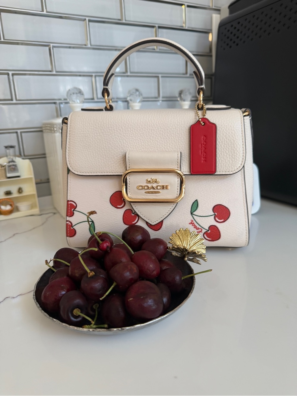 Coach White Leather Top Handle Bag with Cherry Print